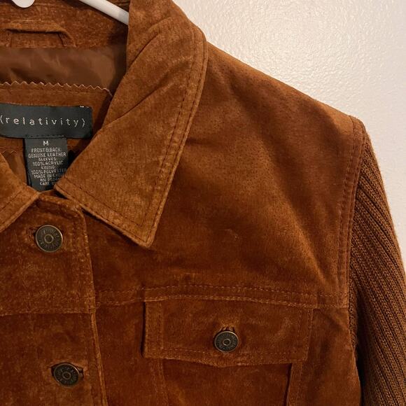 VTG Relativity Suede Leather Jacket Womens Medium Brown Knit Sleeve Boho Western - Picture 3 of 9